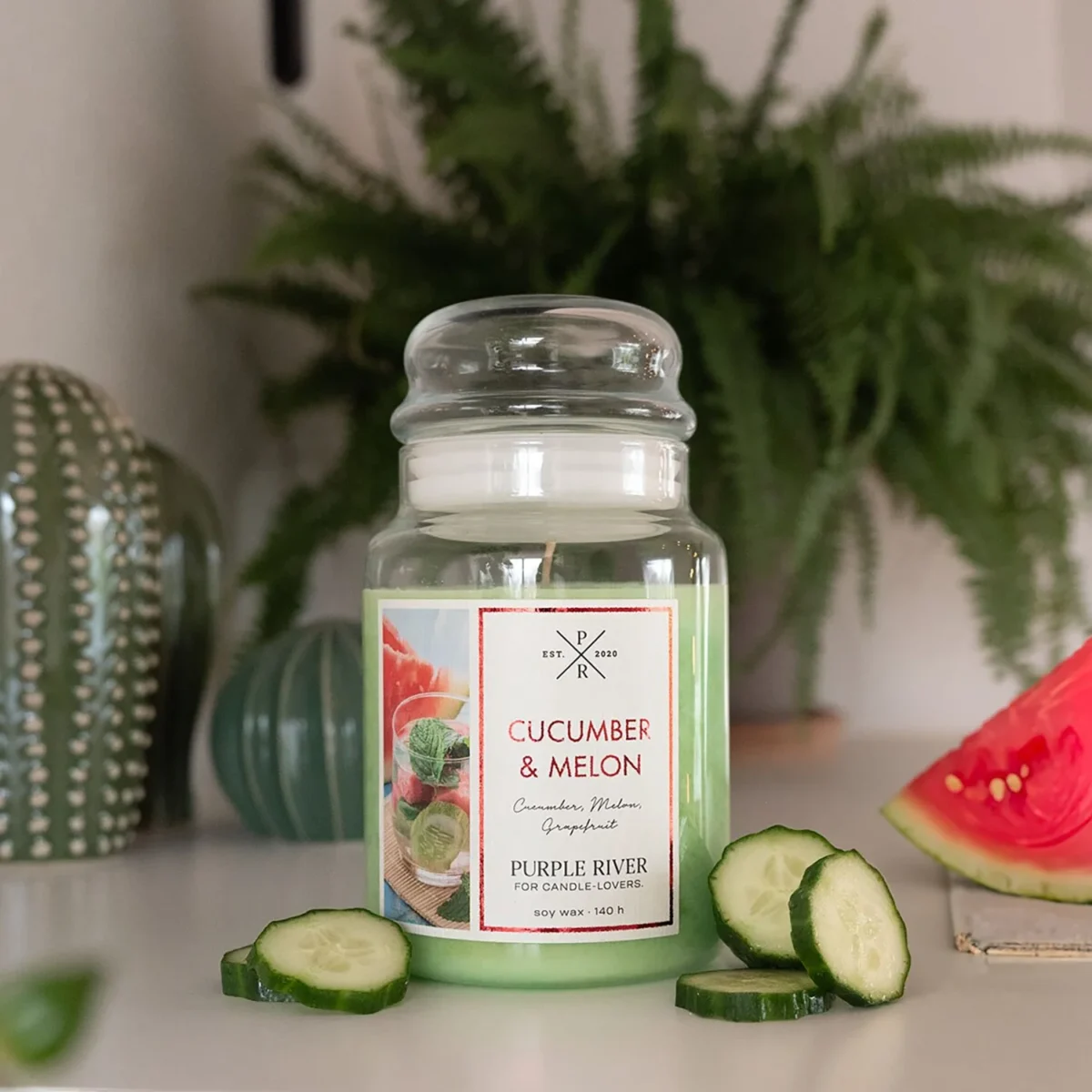 Świeca zapachowa sojowa w szkle Purple River 623 g - Cucumber Melon - obrazek 2